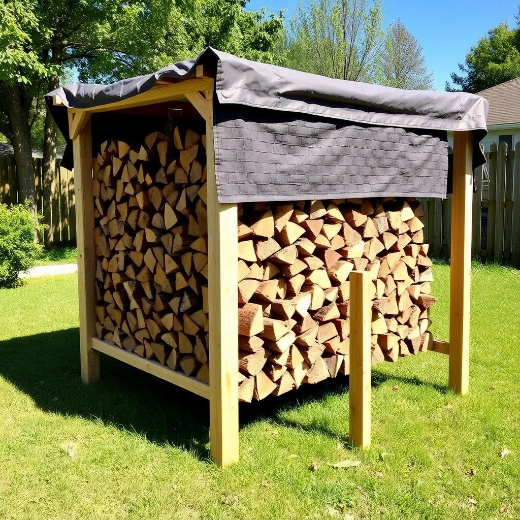 Neatly stacked firewood on DIY lumber rack with tarp cover in backyard - Step 1: Calculate How Much Storage You Need