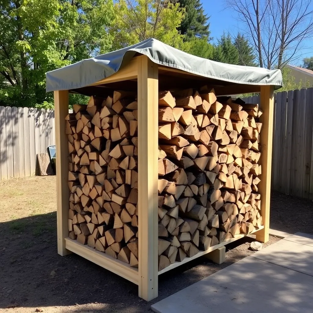 Neatly stacked firewood on DIY lumber rack with tarp cover in backyard - Step 2: Simple Rack Ideas ($20–$100)