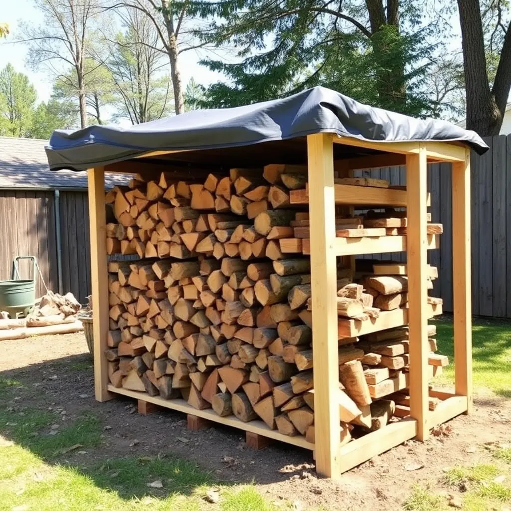 Neatly stacked firewood on DIY lumber rack with tarp cover in backyard - Step 3: Stacking Techniques