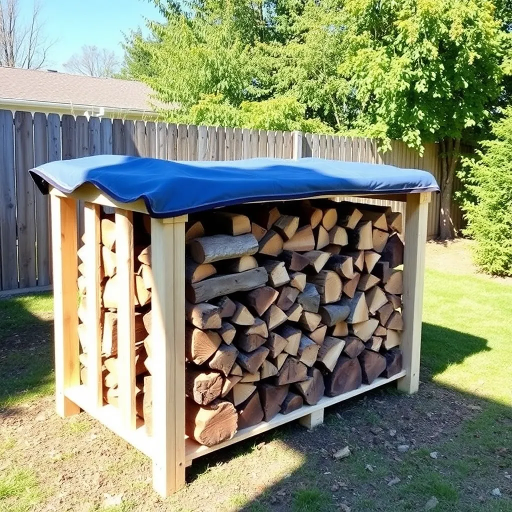 Neatly stacked firewood on DIY lumber rack with tarp cover in backyard - Step 4: Covered Storage Solutions ($100–$350)