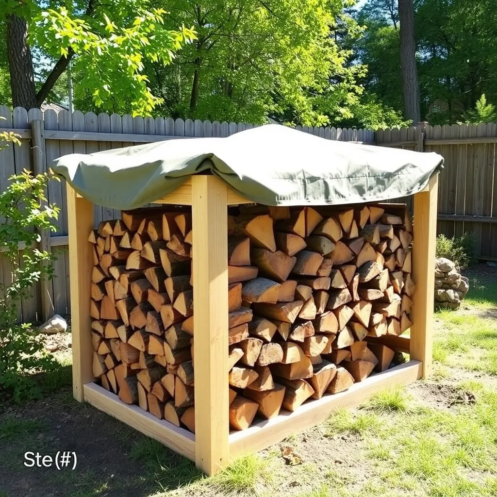 Neatly stacked firewood on DIY lumber rack with tarp cover in backyard - Step 5: Indoor Storage Ideas ($50–$300)