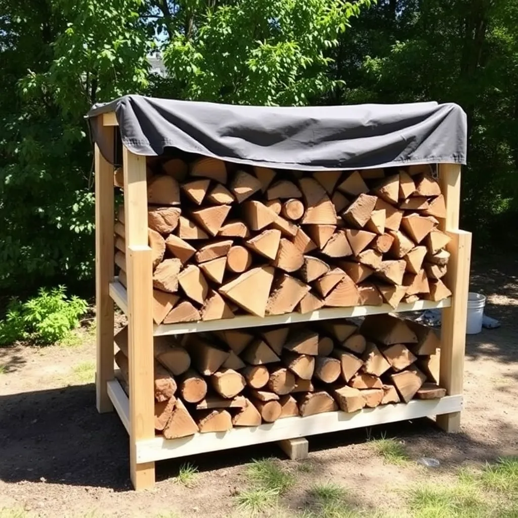 Neatly stacked firewood on DIY lumber rack with tarp cover in backyard - Step 6: Specialty Storage for Kindling and Fatwood