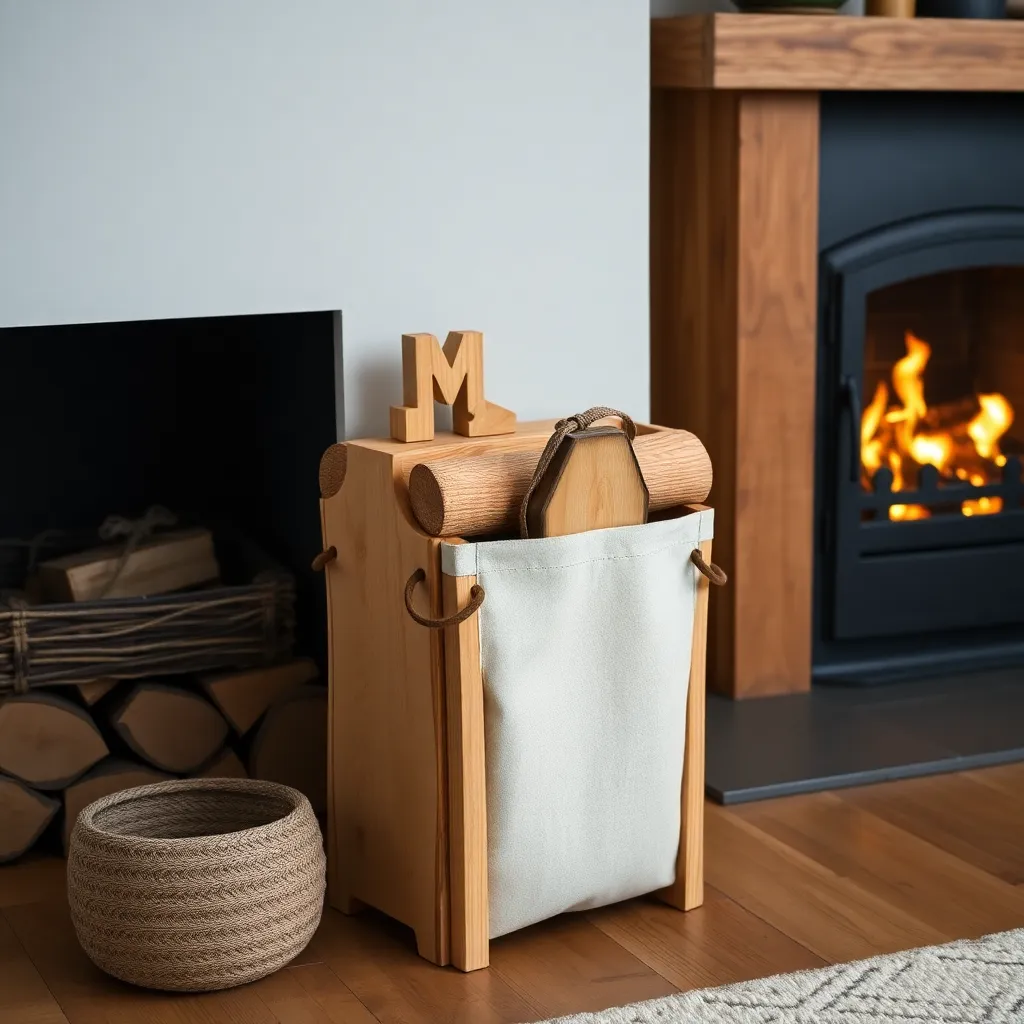 Scandinavian birch log holder beside fireplace
