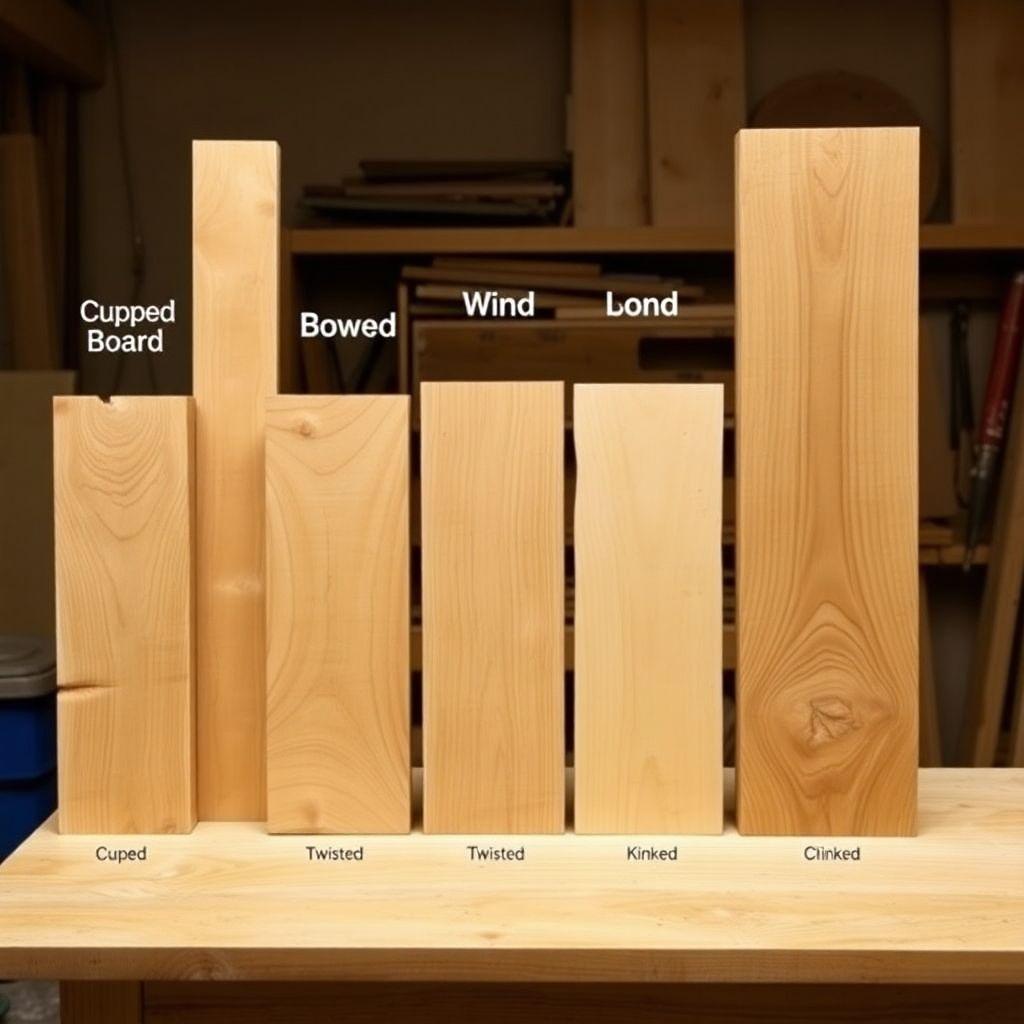 Five types of wood warp displayed on workbench: cup, bow, twist, crook, and kink