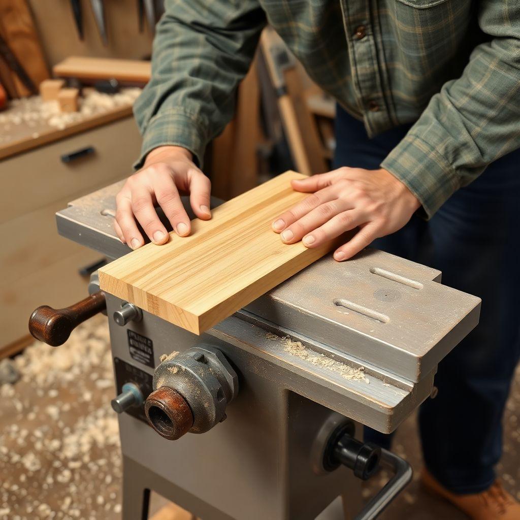 Woodworker flattening a cupped board on a jointer using proper pressure technique to remove warp