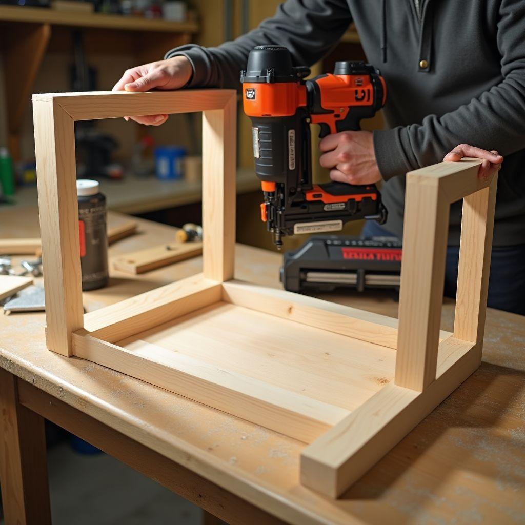 Person assembling hollow wooden box frame for floating shelf with 2x2 skeleton, plywood skins, brad nailer and clamps