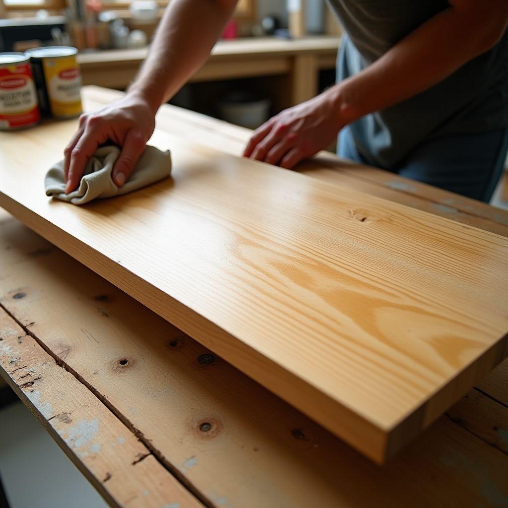 Applying hard wax oil finish to white oak floating shelf with polyurethane, hard wax oil, and paste wax cans visible