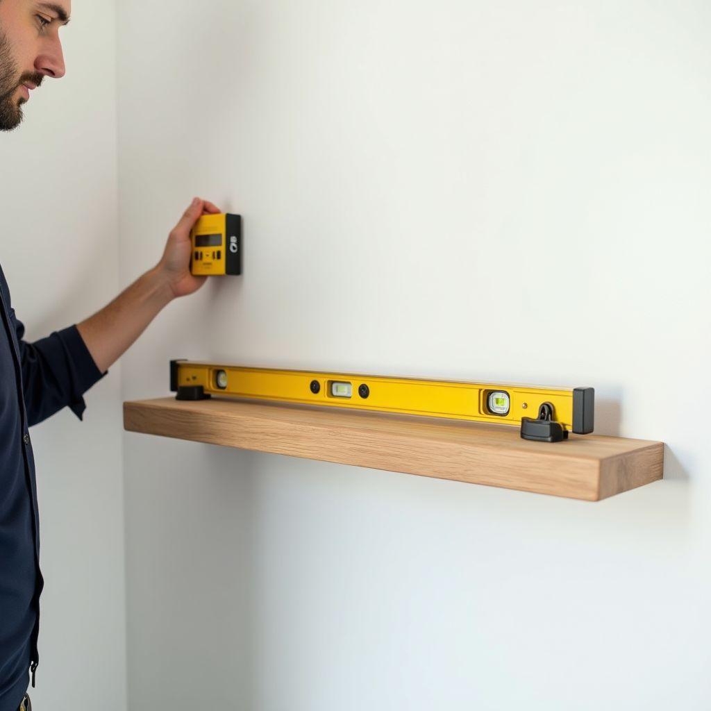 Using a long spirit level to check that a floating oak shelf mounted on a white wall is perfectly level