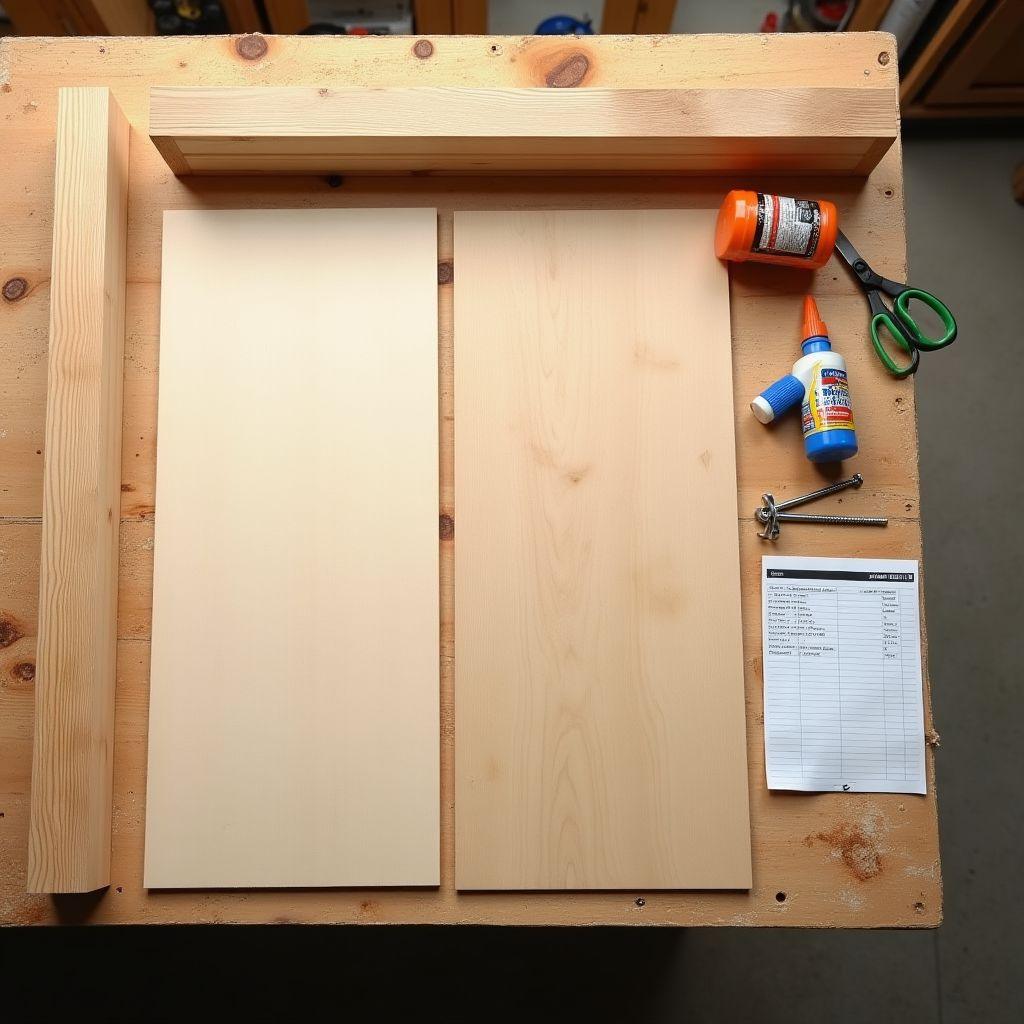 Workshop workbench with cut lumber pieces, plywood, screws, wood glue, and cut list for building floating shelves