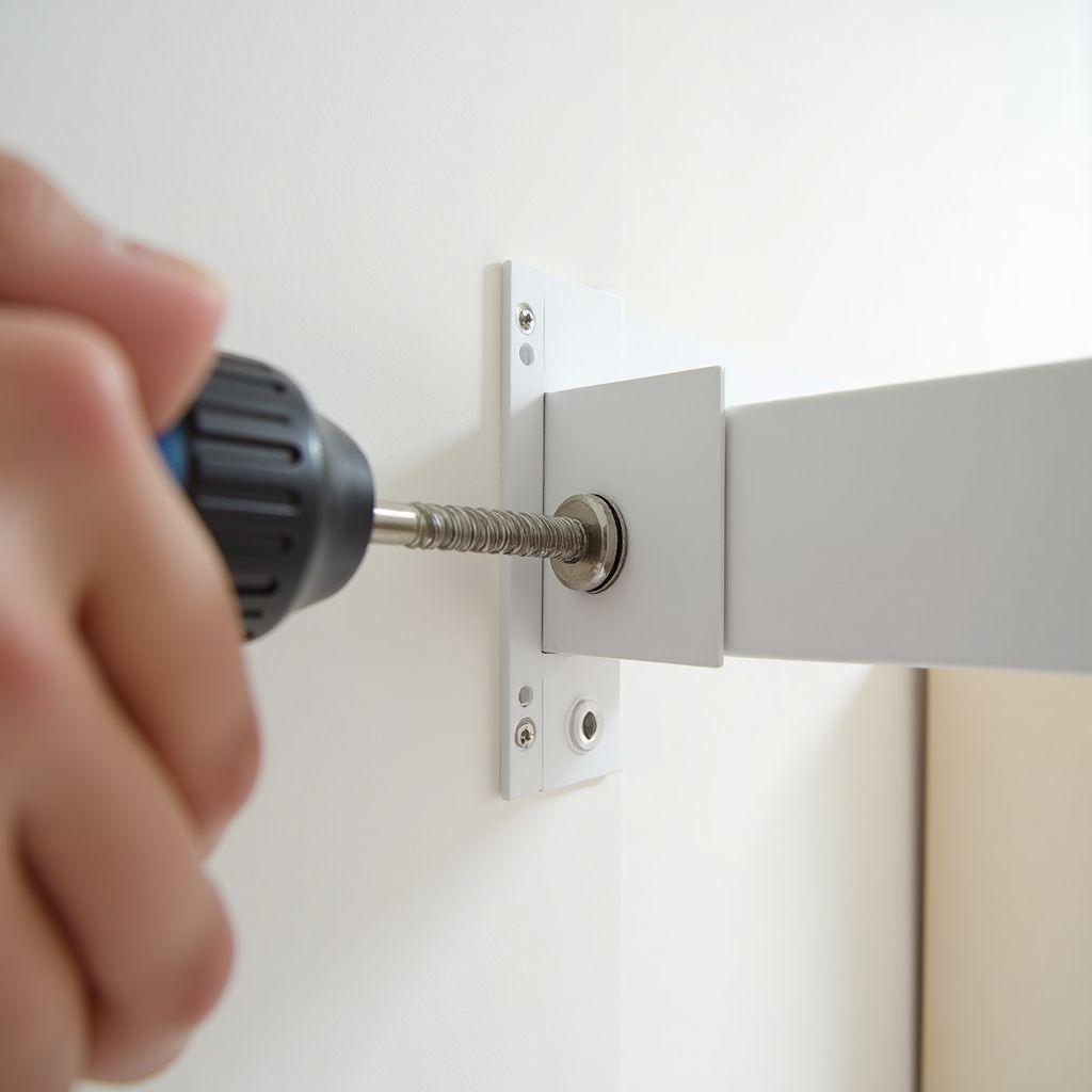 Drilling a toggle bolt into drywall wall to mount a floating shelf bracket without wall studs