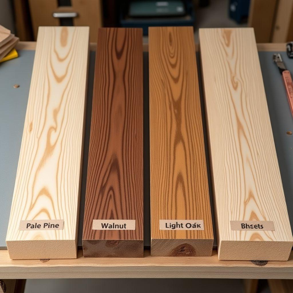 Pine, walnut, oak, and birch plywood lumber boards side by side showing wood options for floating shelves