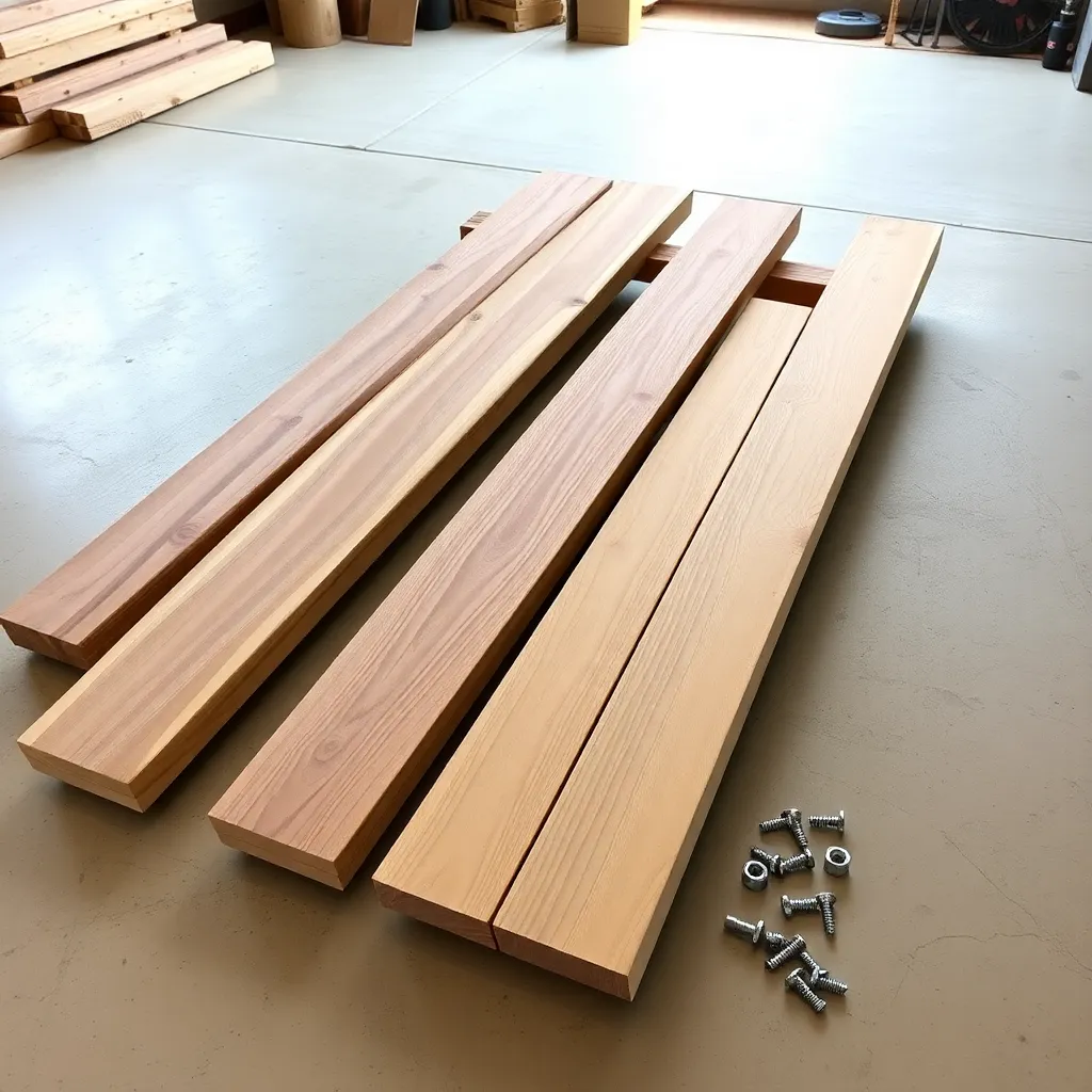 Cedar lumber and hardware laid out for building a foldable convertible picnic table
