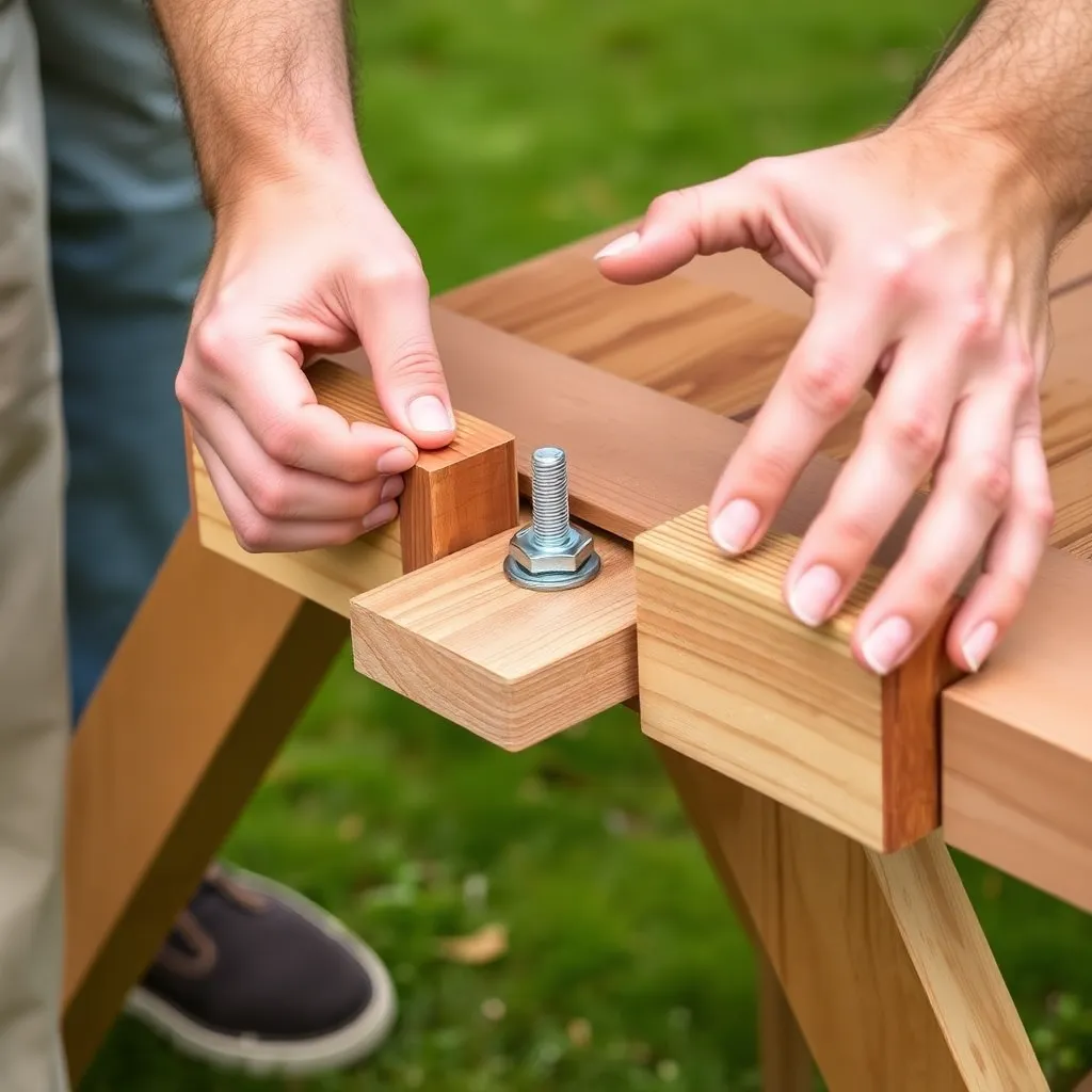 Connecting side assemblies to center tabletop with carriage bolt pivot bolts on a foldable picnic table