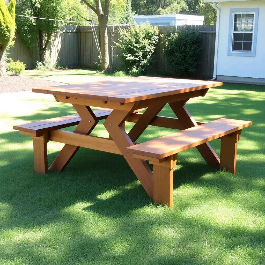 Finished cedar foldable convertible picnic table in table mode in a sunny backyard