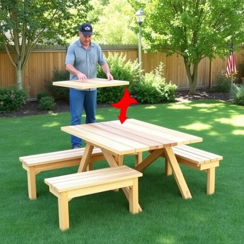Foldable convertible cedar picnic table converting from table mode to two separate benches in a backyard