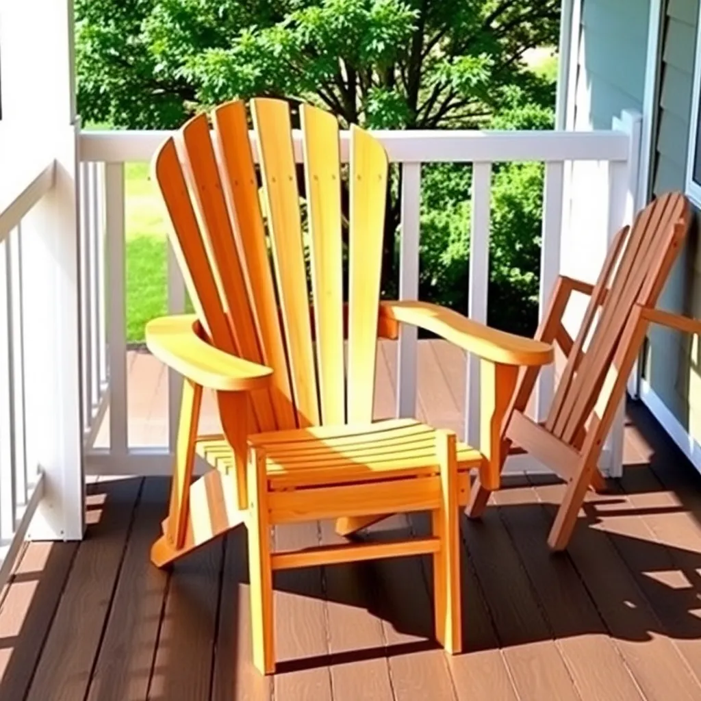 Cedar folding Adirondack chair open on sunny porch with second chair folded flat leaning against railing
