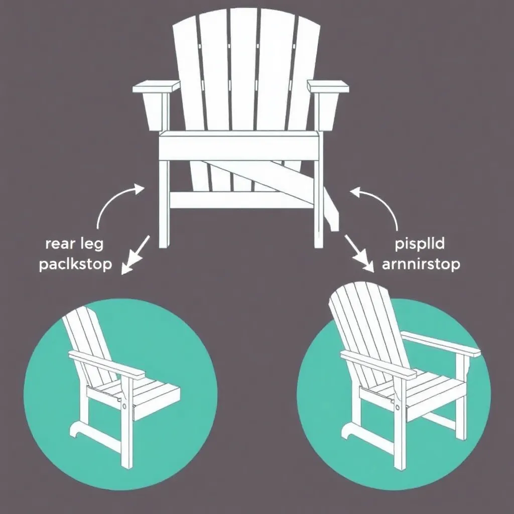 Diagram of folding Adirondack chair mechanism showing back pivot and front leg pivot points with fold arrows