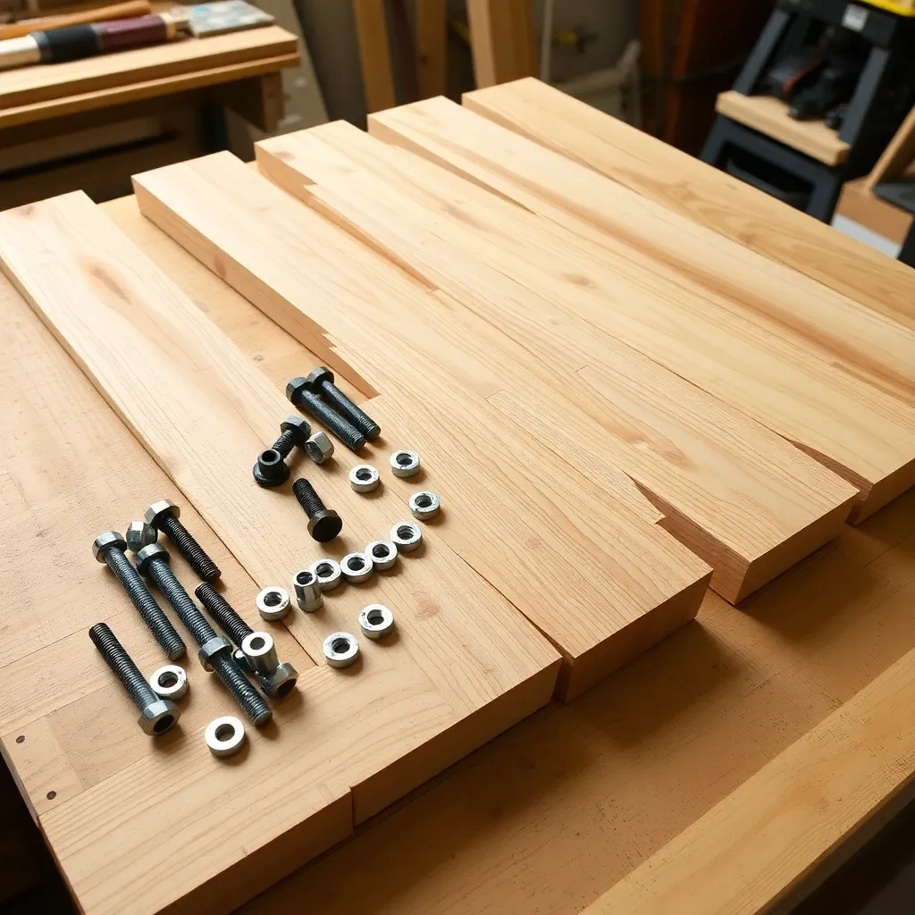 Cedar boards and carriage bolt pivot hardware for folding Adirondack chair laid out on workbench