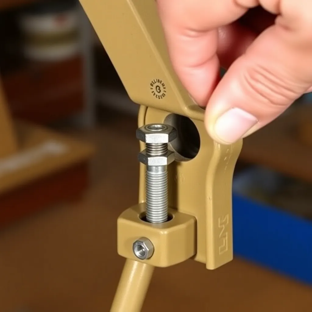 Carriage bolt being threaded through rear leg pivot hole connecting seat frame and back with wing nut