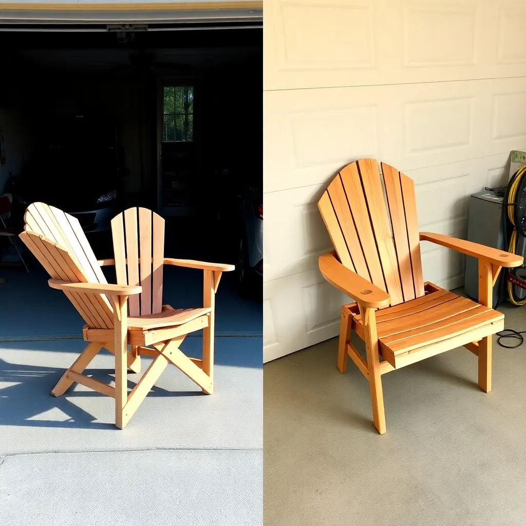 Cedar folding Adirondack chair shown open for use and folded flat for storage side by side