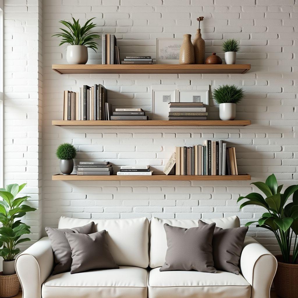 Rustic floating wood shelves on white painted brick wall — furniture plans for beginners