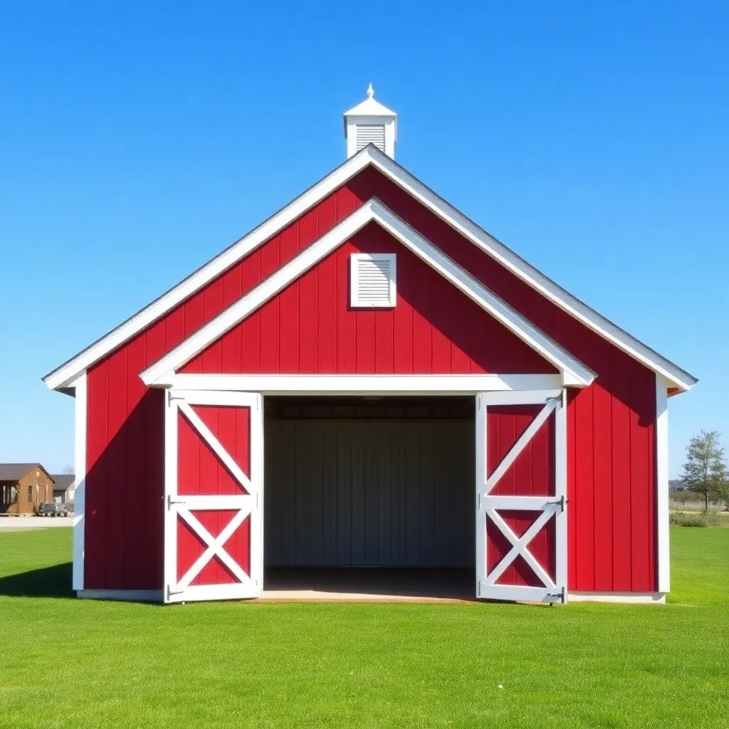 Classic red gambrel barn shed with white siding cupola and double doors open on green lawn