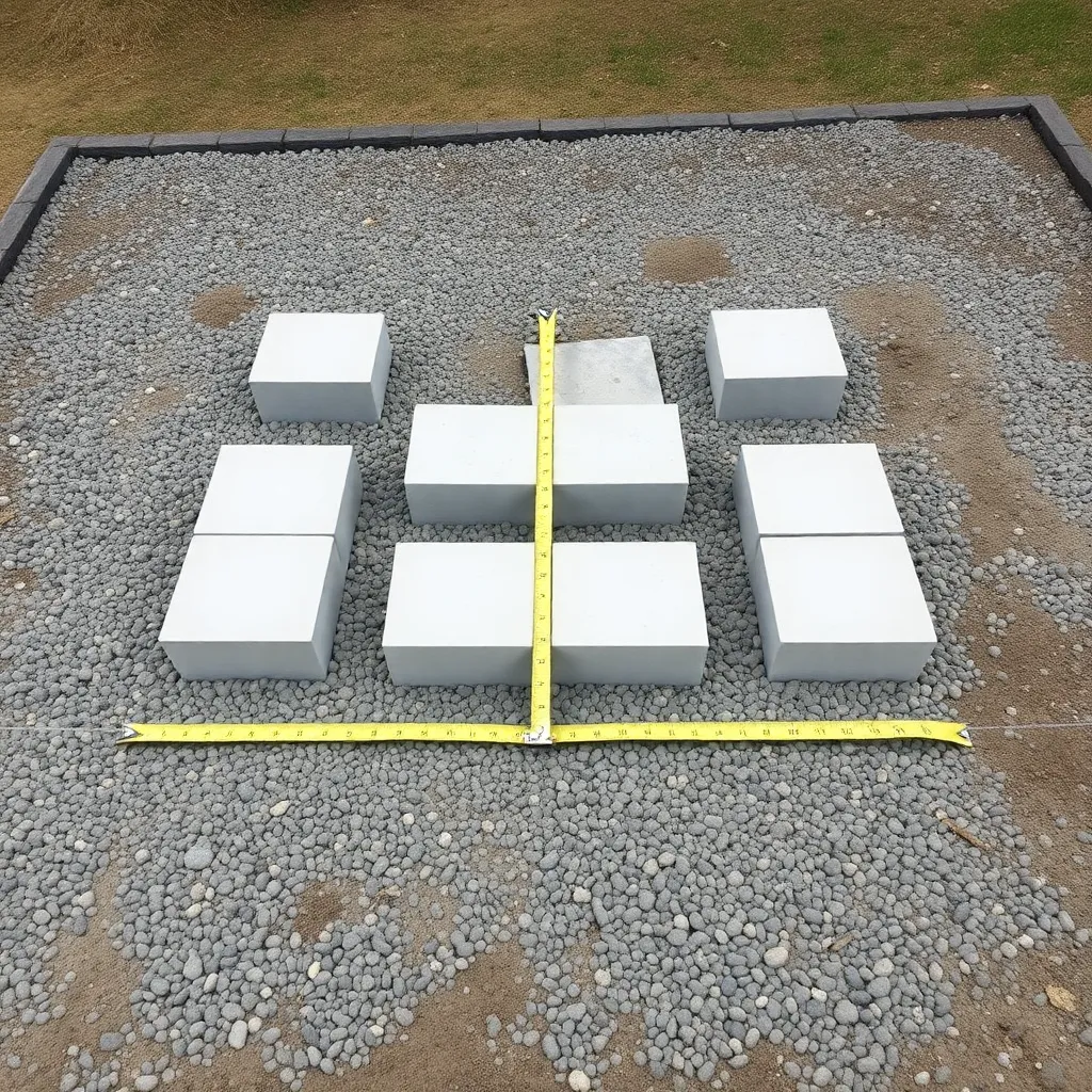 Six concrete deck blocks leveled in 12x16 grid with string lines for gambrel shed foundation