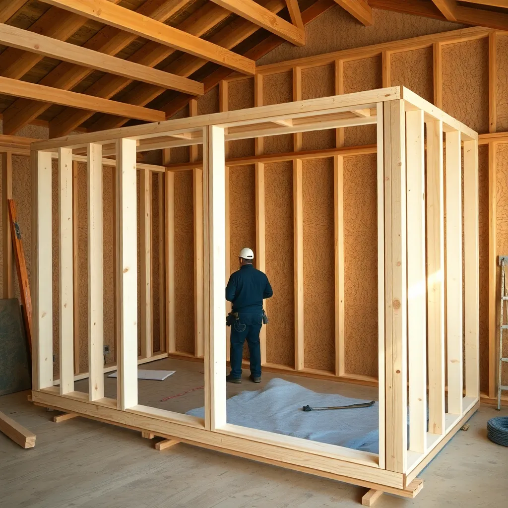 8-foot shed wall being tipped upright with doubled 2x12 header over 6-foot wide door opening