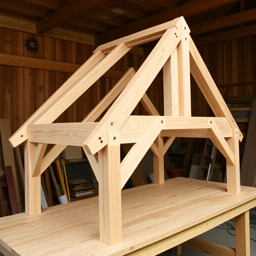 Gambrel roof truss assembled on workbench showing lower upper chords collar tie and plywood gussets