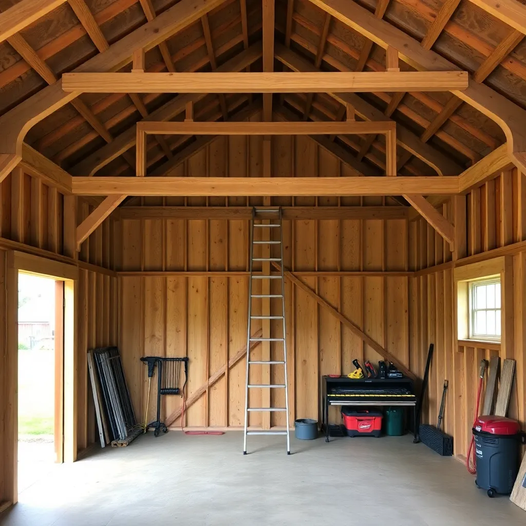 Interior of gambrel barn shed showing loft floor on collar ties and full-height ground floor