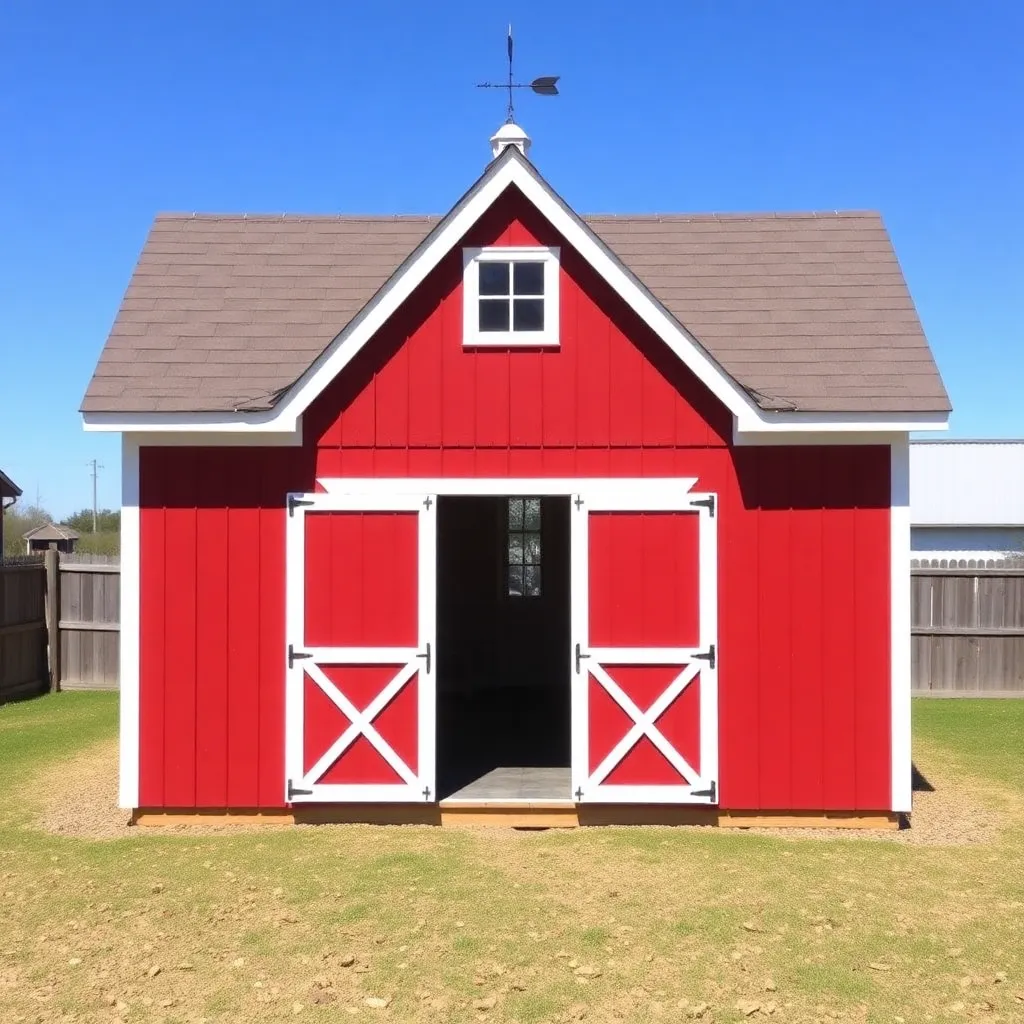 Completed red gambrel barn shed with white siding weather vane and double doors open in large backyard
