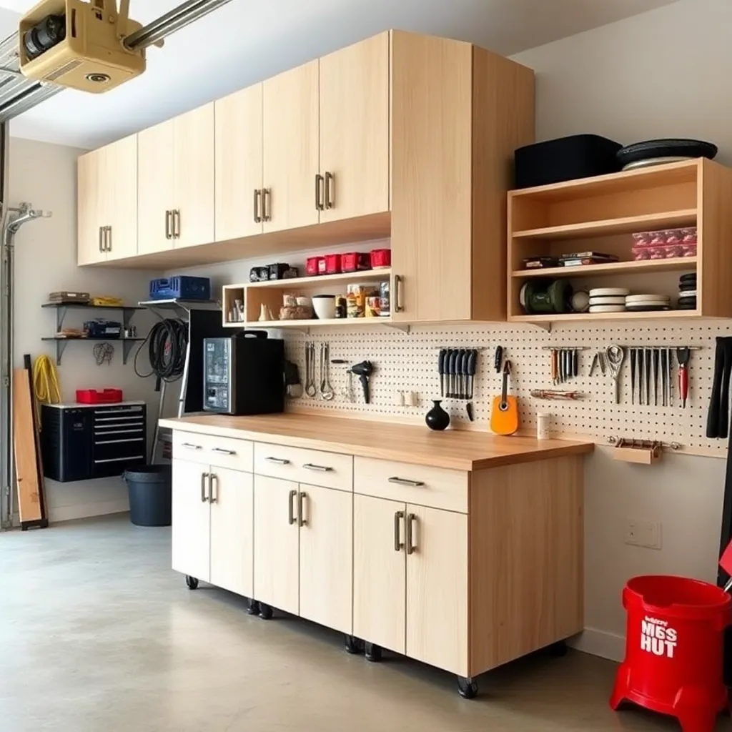 DIY plywood garage cabinet system with base and wall cabinets