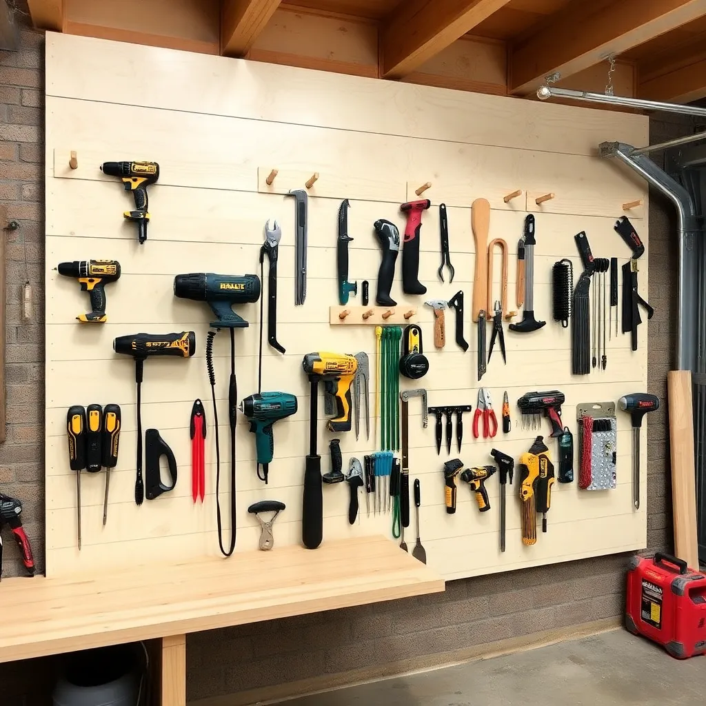 DIY French cleat wall with custom tool holders in garage workshop