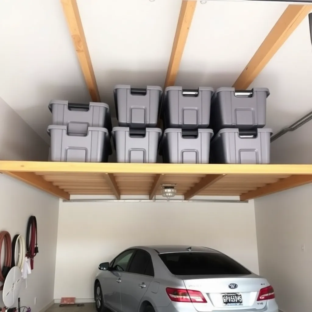 DIY overhead garage storage ceiling platform with bins