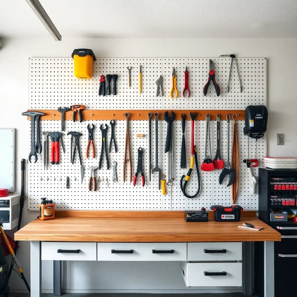 Organized DIY pegboard wall with hand tools above garage workbench