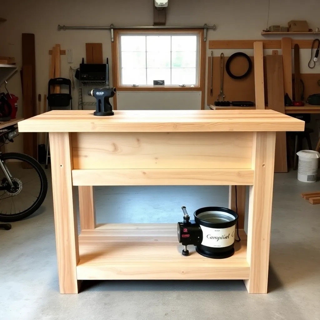 DIY 8-foot garage workbench with vise in clean workshop