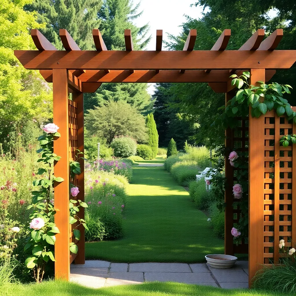 Beautiful cedar garden arbor with lattice side panels at the entrance of a lush garden pathway