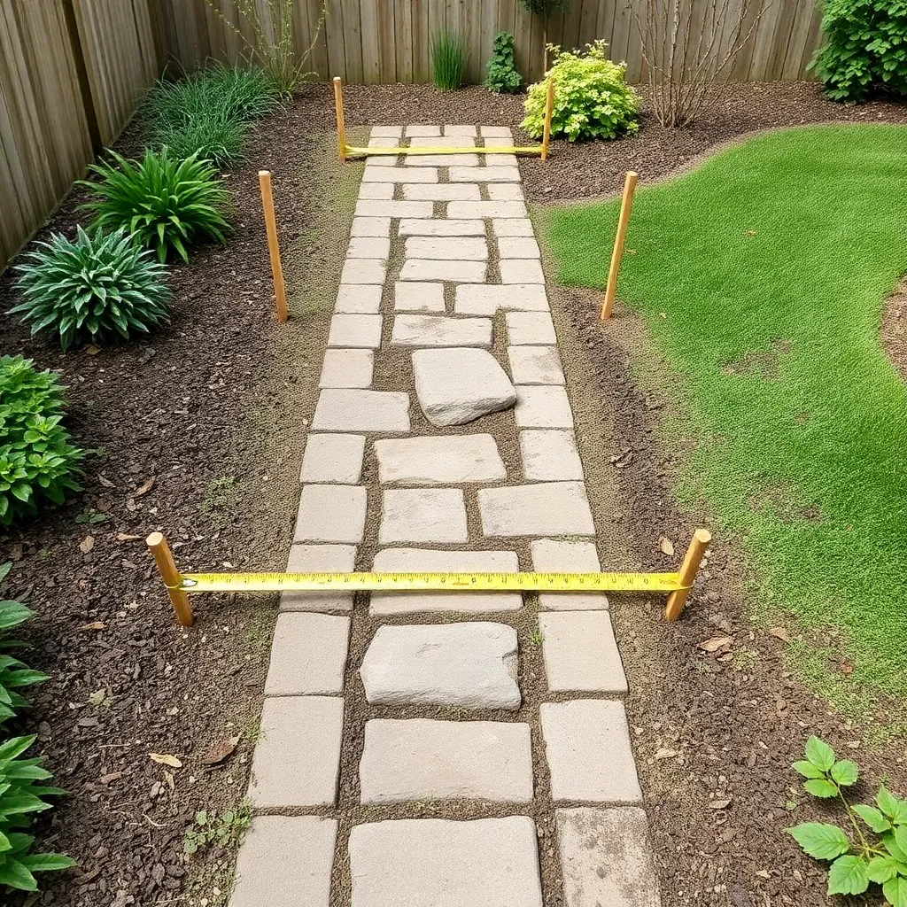 Staking out the four corner post locations for a DIY garden arbor with measuring tape