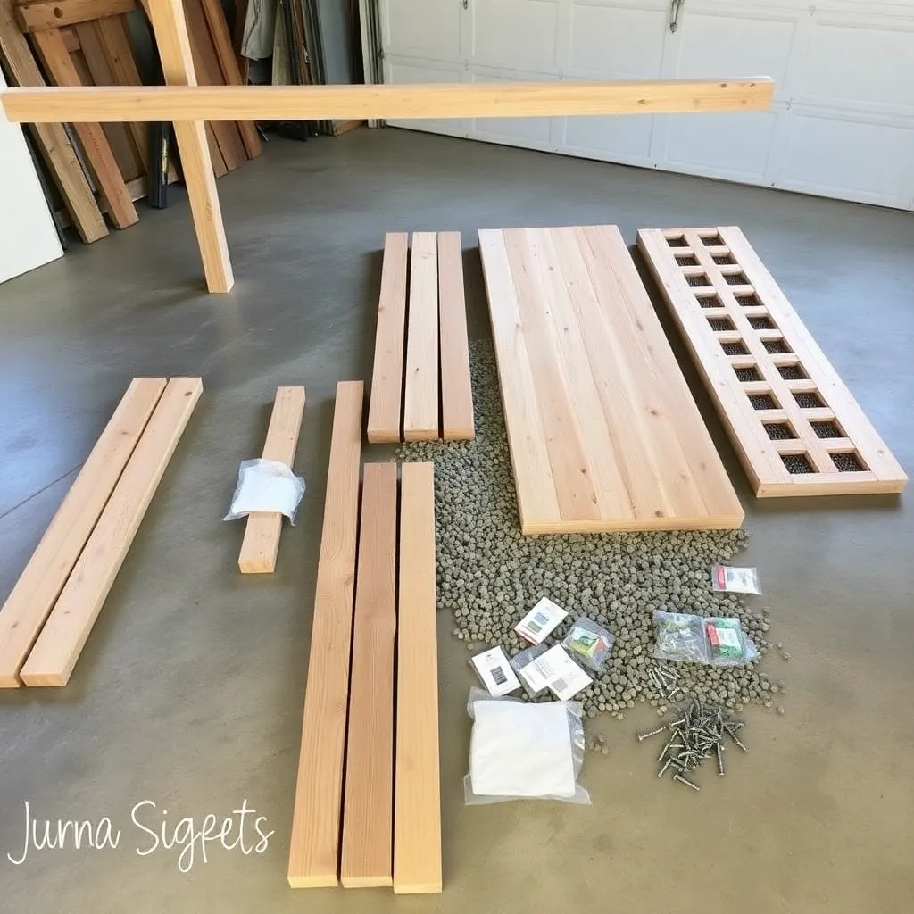 Cedar lumber and materials for building a DIY garden arbor laid out on a garage floor