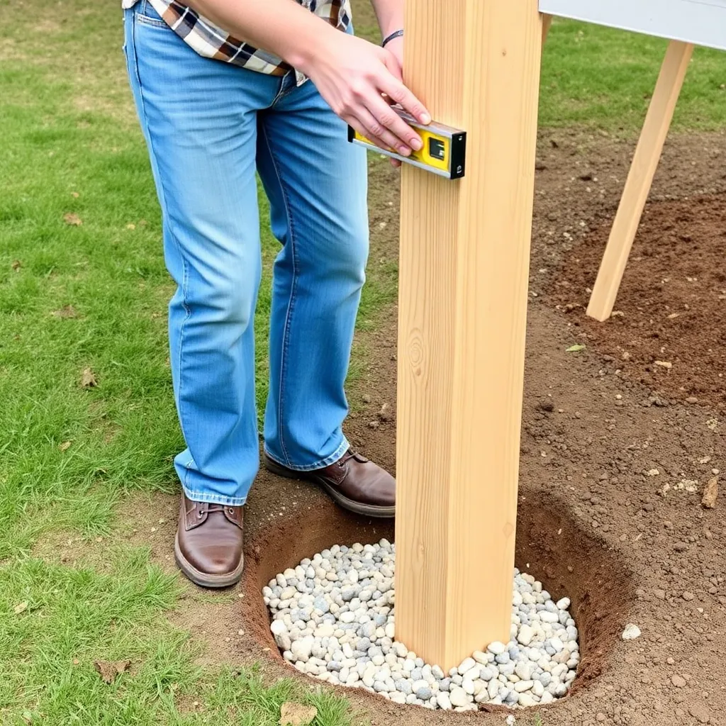 Setting cedar 4x4 posts in post holes with pea gravel drainage for a DIY garden arbor