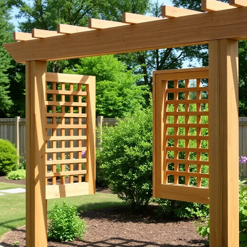Installing cedar lattice side panels between the posts of a DIY garden arbor