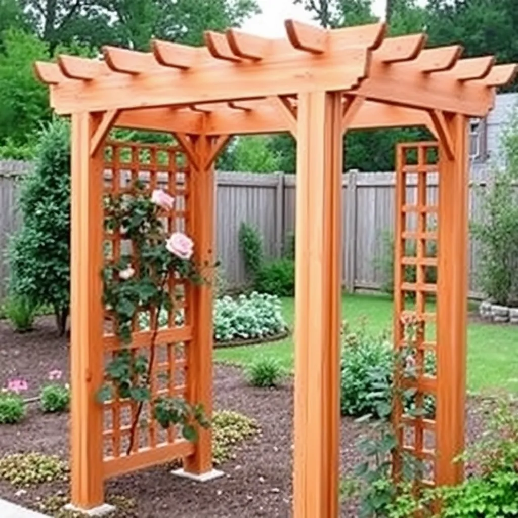 Finished DIY cedar garden arbor with lattice sides and climbing rose in a backyard garden