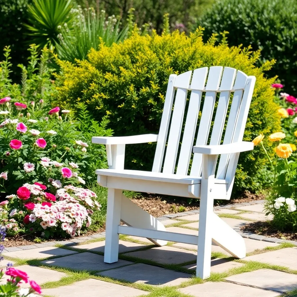Classic white cedar slatted garden chair on stone path surrounded by flowers and shrubs
