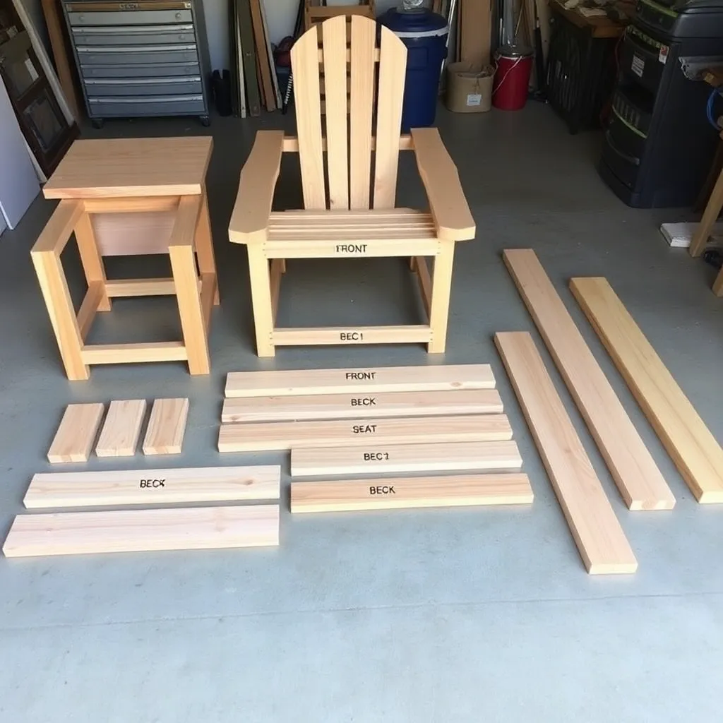 Cedar garden chair cut pieces laid out on garage floor labeled with dimensions for slatted chair build
