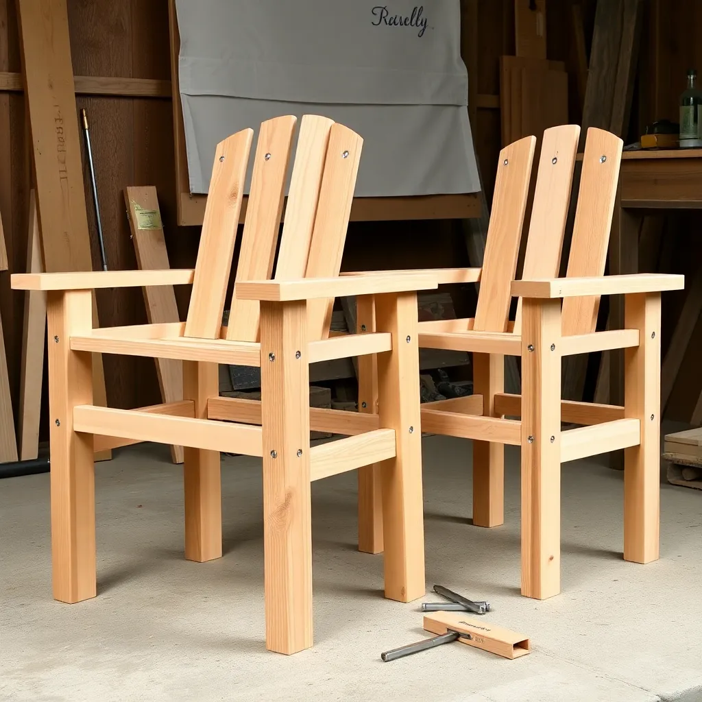 Cedar garden chair side frame assemblies with legs and rails connected by carriage bolts being squared