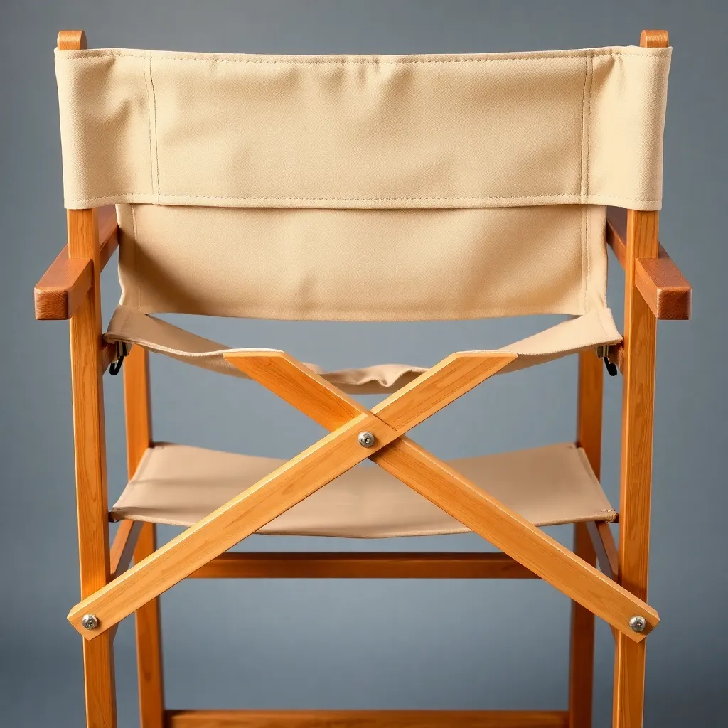 Folding director chair X-brace frames with pivot bolt at center showing fold mechanism and canvas seat