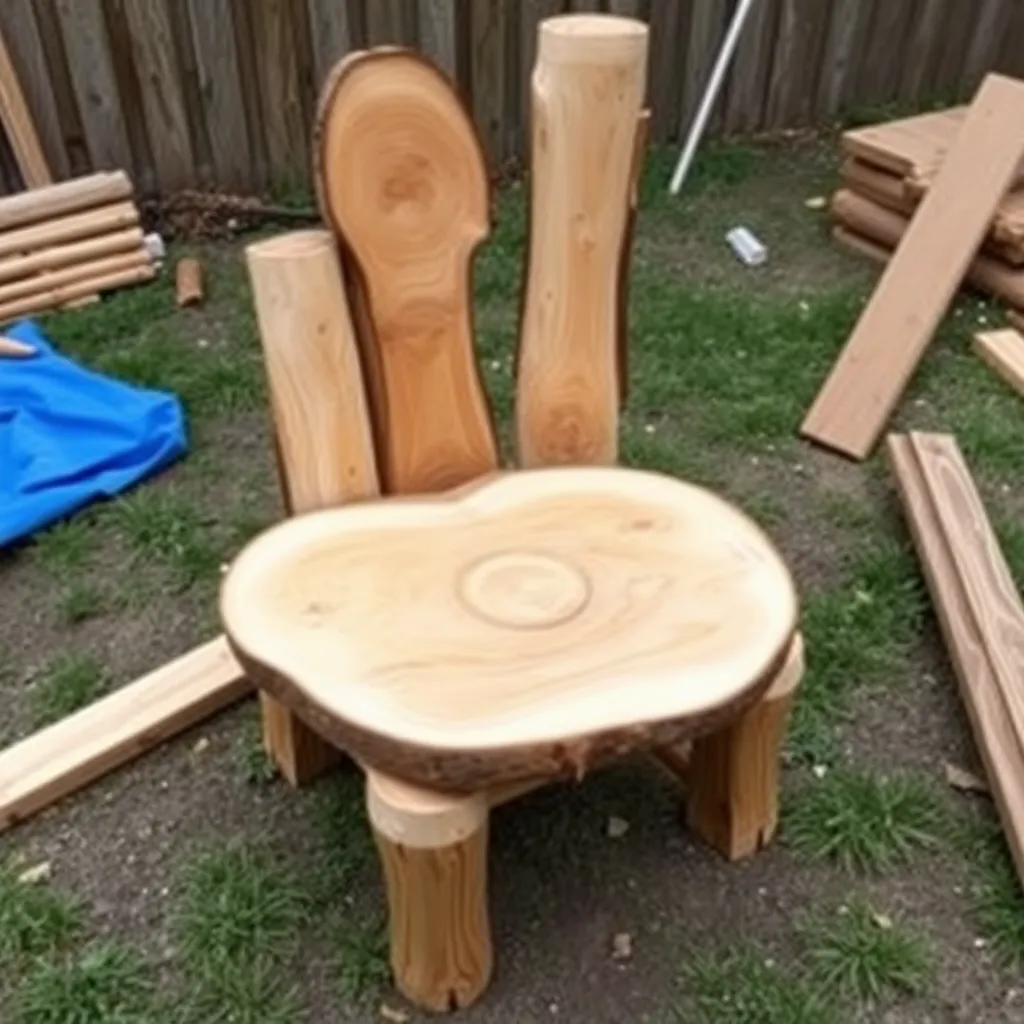 Rustic log chair being assembled with chainsaw-cut log sections and branch slats using mortise tenon joints