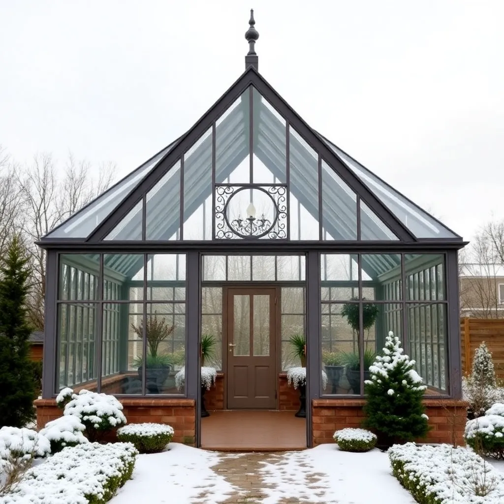 Dramatic gothic arch greenhouse with pointed profile and poly film in winter garden with snow