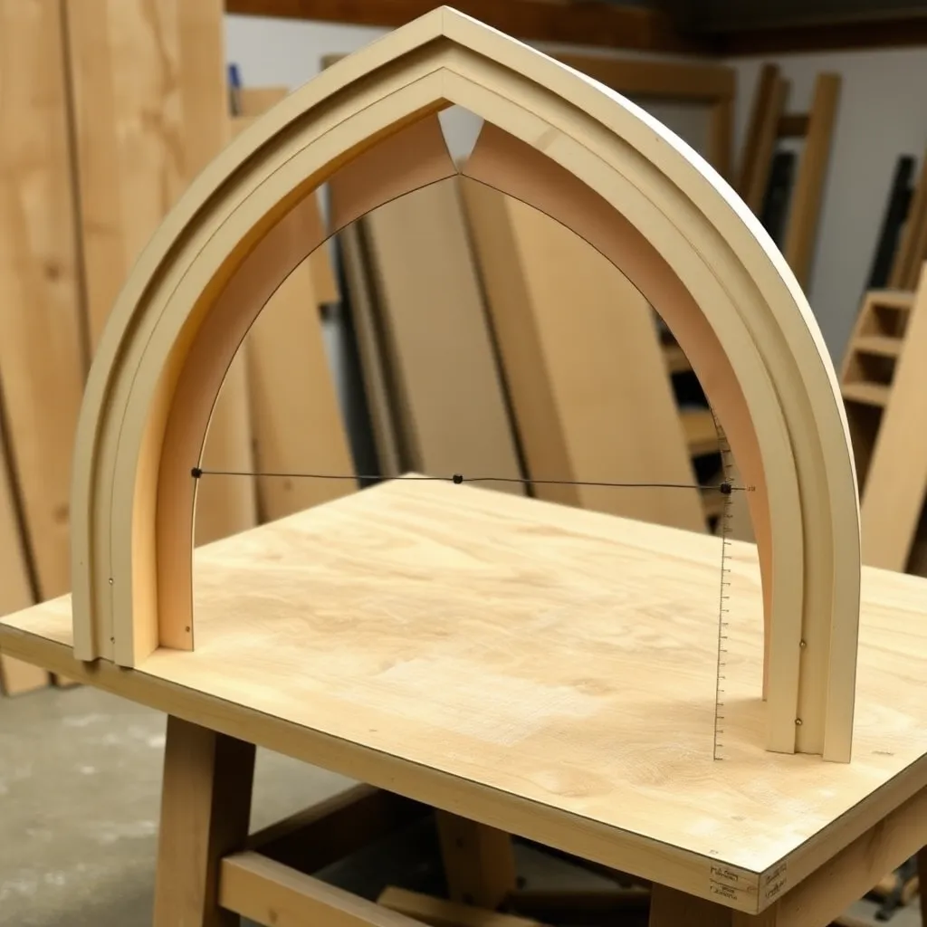 Plywood lamination form showing gothic arch pointed profile made with string-and-nail compass on workbench