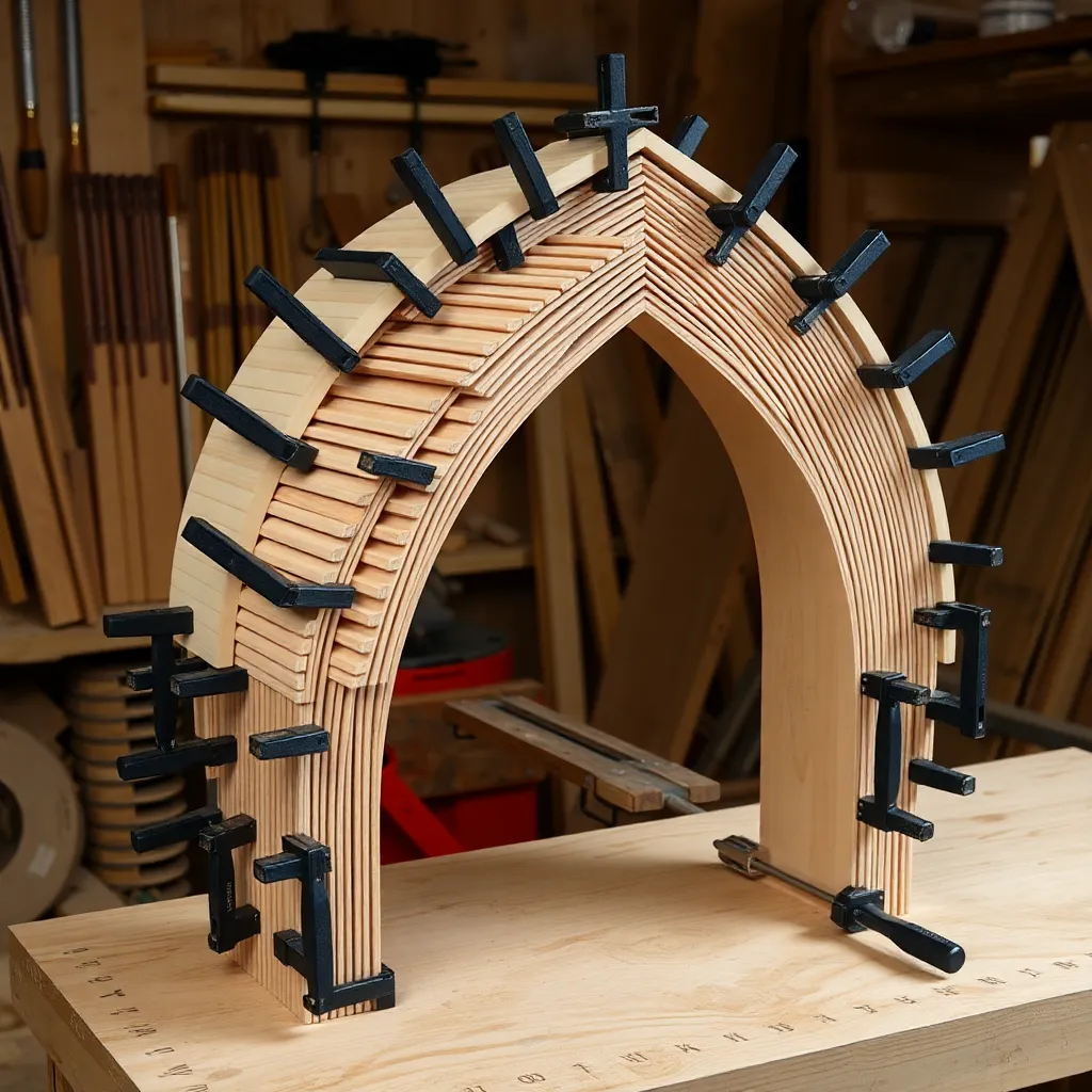 Thin wood strips being glued and clamped in gothic arch form with many clamps holding the curved shape